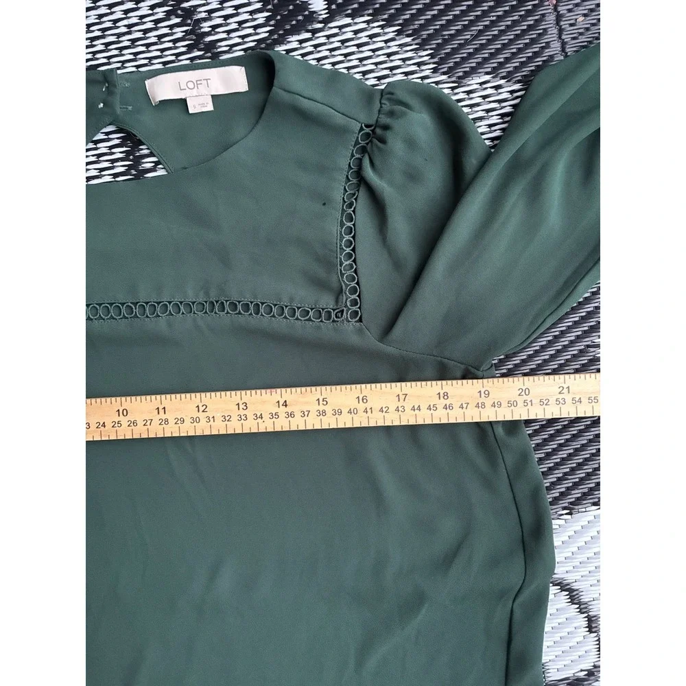 LOFT Womens Forest Green Ladder Lace Trim Keyhole Back Long Sleeve Blouse Top S
